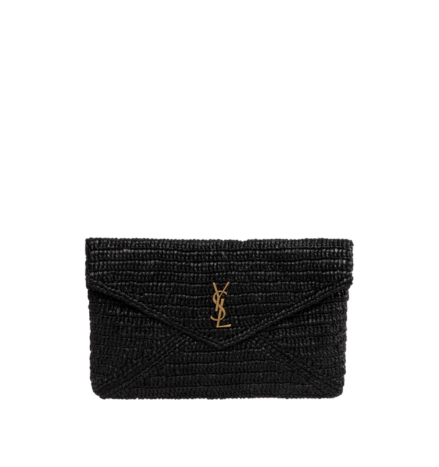 Image 1 of 3 - BLACK - SAINT LAURENT Cassandre Large Envelope Pouch in Raffia featuring magnetic snap closure decorated with the cassandre, natural woven raffia and bronze-tone hardware. Raffia. 11.6" x 7.1" x 1.8". Made in Madagascar.