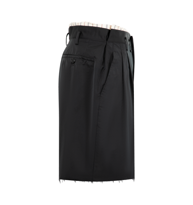 Image 3 of 3 - BLACK - MAISON MARGIELA Tailored shorts featuring exposed interior waistband, front pleats, asymmetrical belt loops and four stitches at the back. 100% polyester. Made in Italy.
