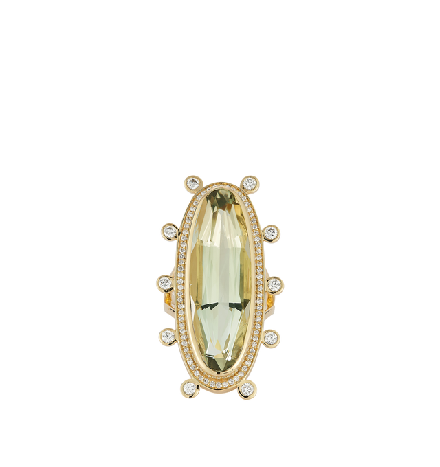 Image 1 of 3 - GOLD - Renna Women's Horizon Ring is crafted in 18K yellow gold and features a luminous green beryl center stone accented by brilliant diamonds, creating a striking balance between bold elegance and ethereal beauty. Inspired by the tranquil glow of a hidden lagoon, this designer fine jewelry ring combines exceptional craftsmanship with a sculptural silhouette, making it a captivating statement piece for special occasions. Main Material: 18K Yellow Gold. Gemstones: Approximately 1 TCW Diamonds