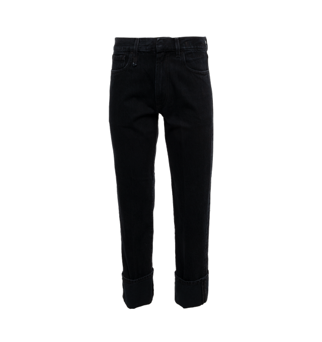 Image 1 of 3 - BLACK - R13 Romeo Cuff Jeans featuring belt loops, five-pocket styling, zip-fly, creased legs, rolled cuffs and logo patch at back waistband. 100% cotton. Made in Italy. 