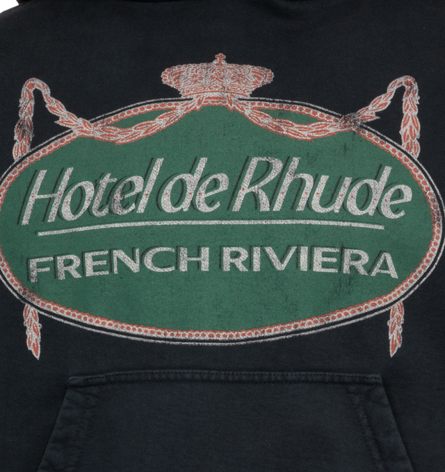 Image 3 of 3 - BLACK - RHUDE Hotel Hoodie featuring front kangaroo pocket, front screen print and midweight terrycloth fabric. 100% cotton. Made in USA. 