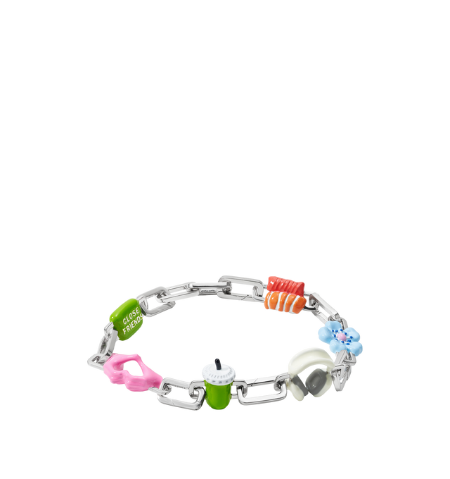 Image 6 of 9 - MULTI - Poubel by The Gstaad Guy Colton completed bracelet set. An ode to the hypebeast homies, matcha wifeys, and everything in between, The Colton Completed Set includes: 1x Close Friends Charm, 1x Heart Hands Charm, 1x Iced Matcha Charm, 1x Headphones Charm, 1x Fleur Bleue Charm (also known as The Blue Flower), 1x Sushi Charm, 9x interchangeable sterling silver links. Poubel links are made with recycled, rhodium plated, sterling silver, comprised of 92.5% pure silver and 7.5% other metal