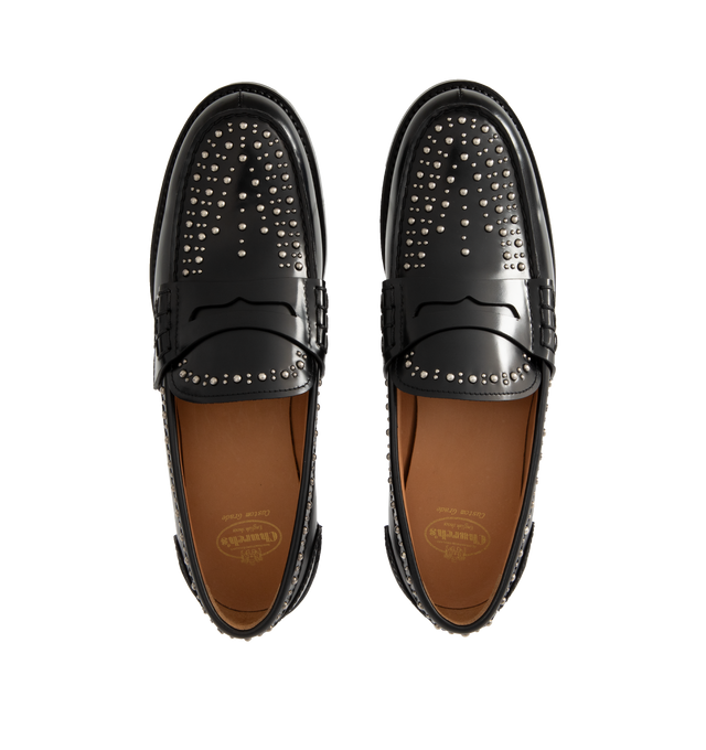 Image 4 of 4 - BLACK - CHURCH'S Pembrey Studded Leather Penny Loafers featuring polished calf leather, metallic stud detailing, round moc toe, notched vamp with keeper strap, slip-on style and rubber outsole. 20 mm flat heel. Made in Italy.