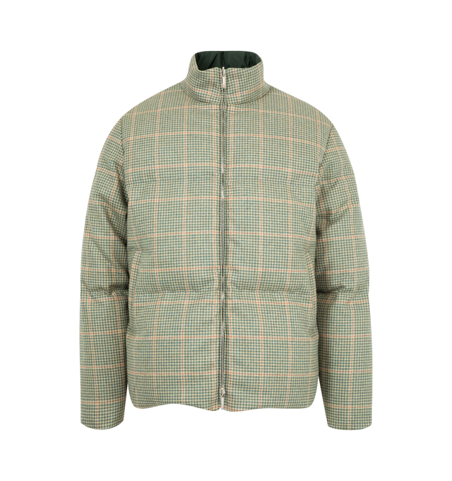 Image 1 of 4 - GREEN - THOM BROWNE Reversible Funnel Neck Down Jacket featuring zip front closure, plaid on one side, green with 4 bar stripe on the other side, stand collar and slit pockets. 100% wool. 100% polyester. Padding: 80% down, 20% feahter. Made in Italy.