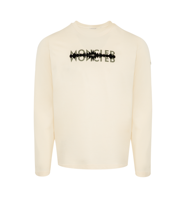 Image 1 of 3 - WHITE - MONCLER Logo Motif T-Shirt featuring, long sleeves, crew neck, logo on chest and patch on sleeve. 100% cotton.