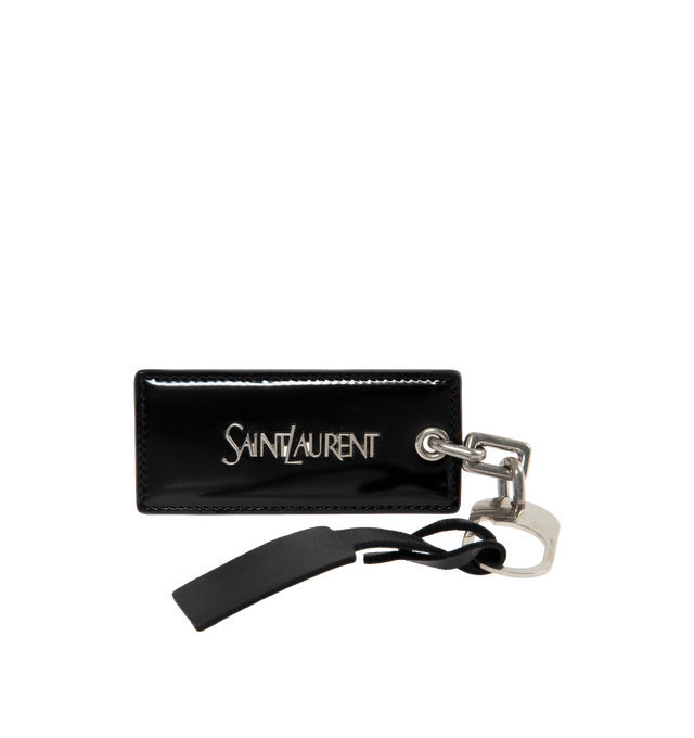 Image 1 of 2 - BLACK - SAINT LAURENT Keyring featuring a Saint Laurent Paris engraved carabiner keyring on chain. 1.6 X 3.5 inches. 85% calfskin leather, 15% metal.  