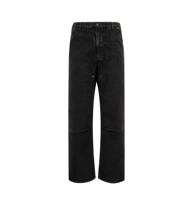 Image 1 of 3 - BLACK - MAISON MARGIELA Utilitarian Pants featuring cotton trousers with reinforced knee panels, utility loop, curved front seams, angled side pockets and four stitches at the back. 100% cotton. Made in Italy.