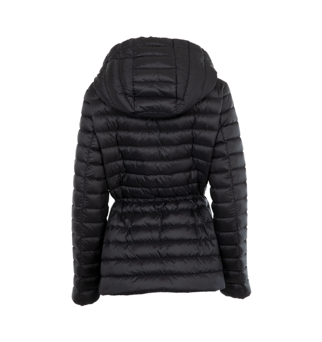Image 2 of 3 - BLACK - Moncler Raie Short Down Parka is designed in nylon leger with grosgrain trim. It has a front zip closure, welt pockets with zippers, an elasticized belt, a drawstring hood, and a felt logo patch. Lined. 100% polyamide. Fill: 90% down, 10% feather. Made in Romania.