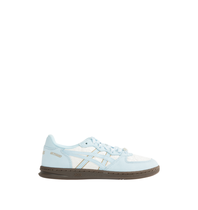 Image 1 of 5 - BLUE - ASICS Skyhand OG Sneaker featuring soft suede upper, FLYTEFOAM PROPEL cushioning, EVA heel wedge, pearl-like shoelace accessory, patterned shoelace and rubber outsole.