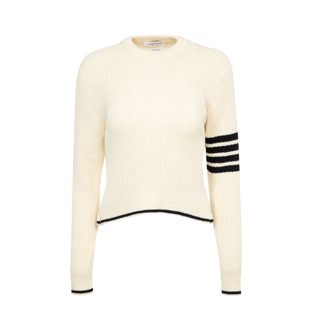 Image 1 of 2 - WHITE - Thom Browne baby cable knit crewneck pullover sweater crafted from Merino wool featuring 4-bar stripe detail on the left arm.  