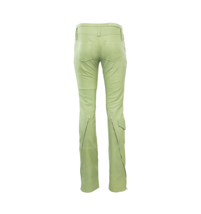 Image 2 of 4 - GREEN - Acne Studios Leather Trousers in a regular fit with a low waist, straight leg and long length. Crafted from leather with a 5-pocket construction. Featuring a deconstructed waistband and pocket details on the leg. Fully lined with Viscose. 