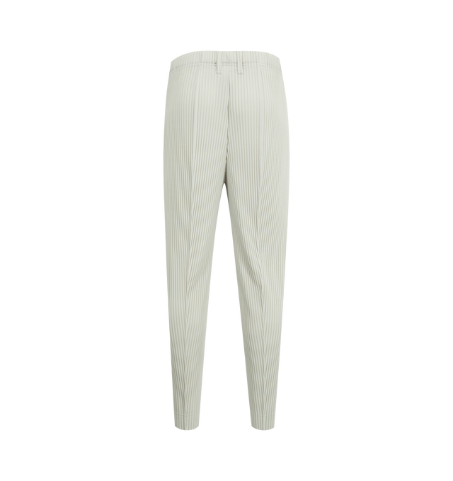 Image 2 of 3 - GREY - ISSEY MIYAKE Compleat Trousers featuring slim-fit, garment-pleated, belt loops, concealed drawstring at elasticized waistband, two-pocket styling, button-fly and central pinched seam at legs. 100% polyester. Made in Philippines.