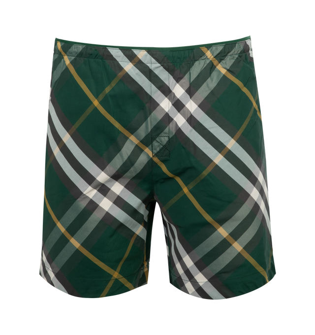 Image 1 of 3 - GREEN - BURBERRY Check Swim Shorts featuring nylon twill, printed with the Burberry Check, relaxed fit, lined in mesh, elasticated waist with interior drawcord, side slip pockets and back press-stud welt pocket. 100% polyamide. Trim: 92% polyester, 8% elastane. Lining: 100% polyester. Made in Portugal. 