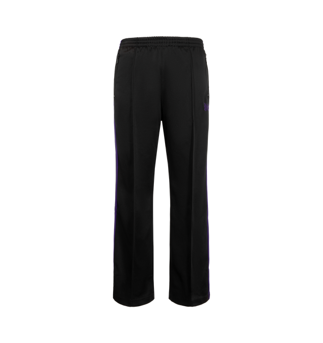 Image 1 of 3 - BLACK - Needles Men's Track Pant - Poly Smooth is crafted from smooth polyester jersey and features the brands signature track pant silhouette with side stripe detailing and embroidered branding. Designed for a relaxed fit, this athletic-inspired style combines comfort and versatility with a streamlined profile and elasticized waistband. Main Material: Polyester. Fit: Relaxed. Waist: Elasticized. Details: Side Stripes, Embroidered Logo. Made in Japan.