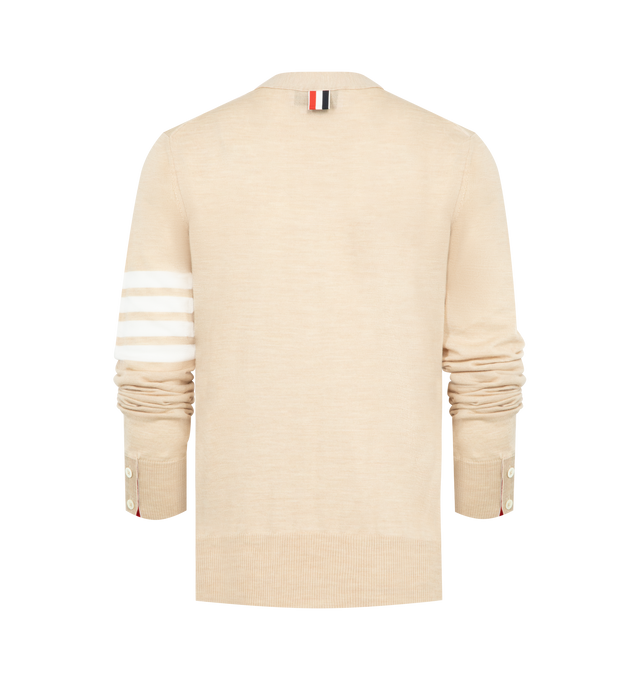 Image 2 of 3 - BROWN - THOM BROWNE 4-Bar Merino Wool Cardigan featuring V-neck, front button closure with striped grosgrain placket, 4-bar stripe detailing, buttoned side vents and cuffs with signature striped grosgrain trim and signature striped grosgrain loop tab at back of neck. 100% merino wool. Made in Italy.