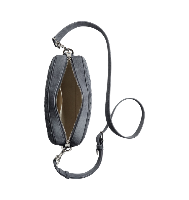 Image 3 of 3 - GREY - BOTTEGA VENETA Small Intrecciato Camera Bag featuring small Intrecciato suede leather cross-body bag with denim effect, detachable strap and metal D-ring, one interior flat pocket and zipper closure. Lambskin. Lining: canvas. Made in Italy.