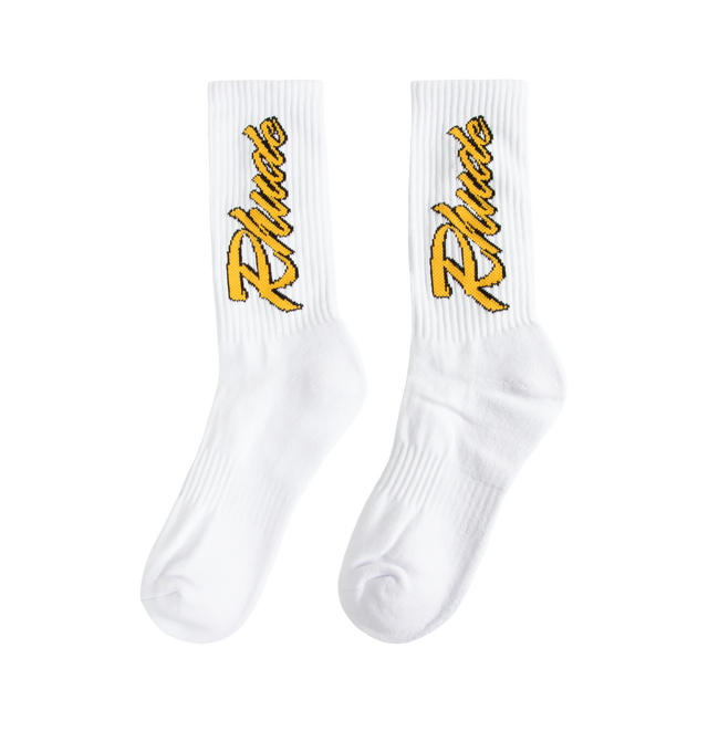 Image 2 of 2 - WHITE - Rhude Mens Vertical Race Trackt Socks are crafted from a cotton, polyester, and spandex blend. Feature a ribbed jersey construction and signature vertical Rhude logo. Main Material: 80% Cotton, 12% Polyester, 8% Spandex.