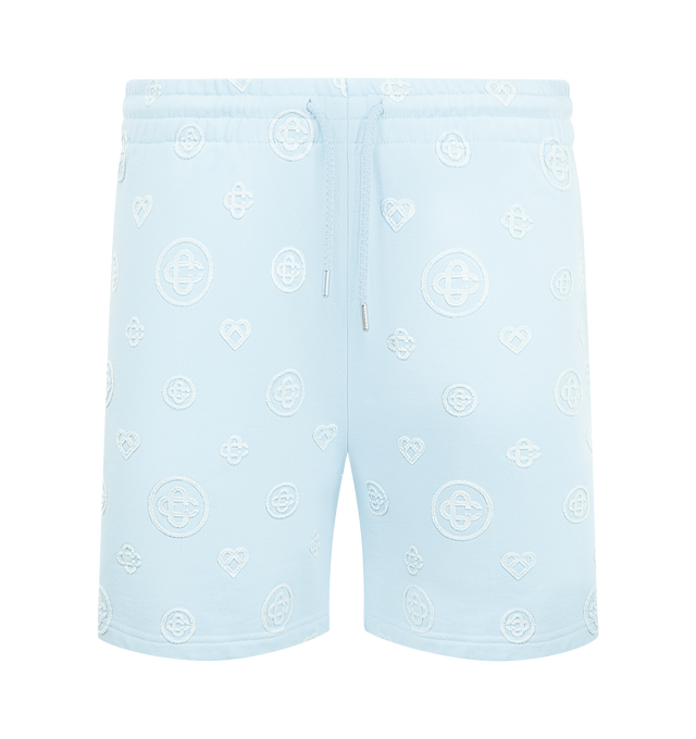 Image 1 of 3 - BLUE - CASABLANCA Applique Monogram Sweatshorts featuring monogram print throughout, an elasticised waistband, drawstring fastening, in-seam side pockets, and a back patch pocket. 100% organic cotton. Made in Portugal.