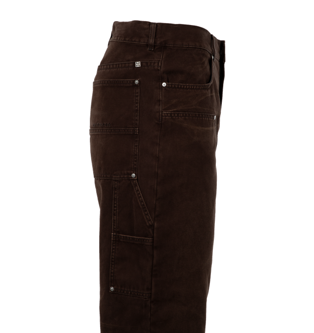 Image 2 of 3 - BROWN - GIVENCHY Studded Carpenter featuring denim construction, silver rivets, five-pocket design and straight leg. 100% cotton. 