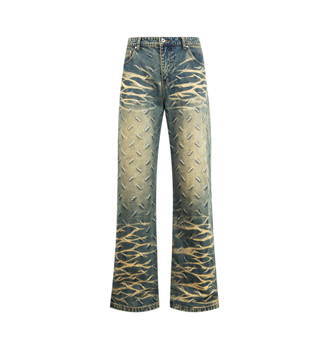 Image 1 of 3 - BLUE - WHO DECIDES WAR Thread Plate Denim featuring non-stretch denim, zip fly and button closure, 5-pocket styling, an allover thread plate pattern, regular fit and flared cut. 100% cotton.