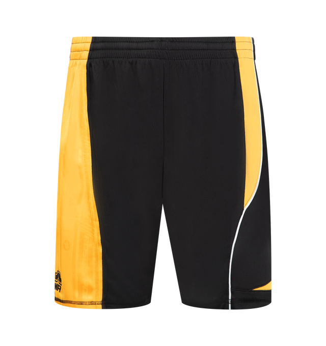 Image 1 of 3 - BLACK - MARTINE ROSE Collage Football Shorts featuring lightweight mesh shorts, concealed drawstring at elasticized waistband, logo embroidered at front cuff, piping at outseam and stripe appliqus at outseam. 100% polyester. Made in Portugal.