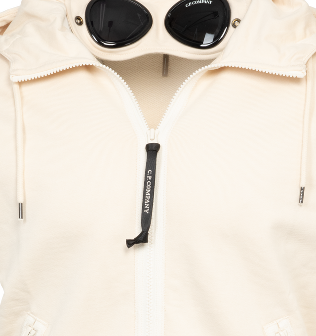 Image 3 of 4 - WHITE - C.P. COMPANY Diagonal Raised Fleece Goggle Hoodie featuring adjustable Goggle hood, ribbed hem and cuffs, two zip front pockets and full zip fastening. 100% cotton. 