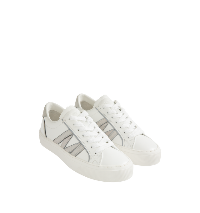 Image 2 of 5 - WHITE - MONCLER Monaco2 Leather & Glitter Sneakers featuring calf leather, reflective fabric and glitter split leather upper, mesh and leather insole, rubber sole, lace-up closure and glitter split leather monogram patch. Sole height 3 cm. Leather. Lining: 100% polyamide/nylon. Sole: 100% elastodiene.