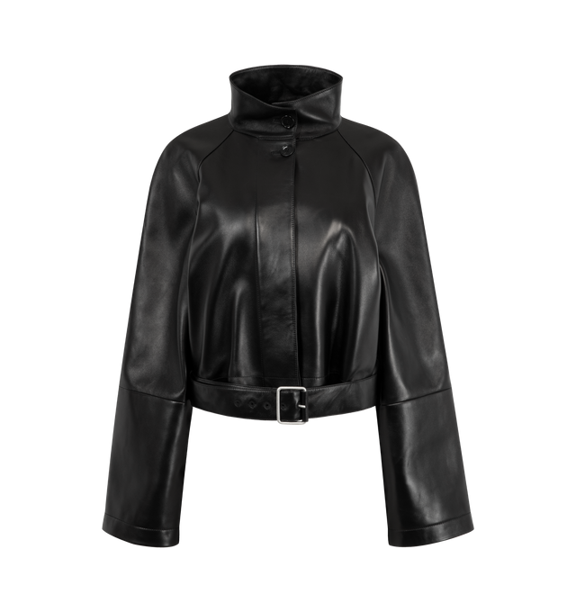 Image 1 of 3 - BLACK - LOEWE Short Trench in medium-weight nappa lambskin featuring a high collar, an adjustable buckle belt at the hem, regular fit, short length, concealed button front fastening, raglan sleeves, cuff tabs, vertical welt pockets, inside welt pocket, fully lined and LOEWE Anagram embossed patch placed at the back. Nappa. Made in Spain.