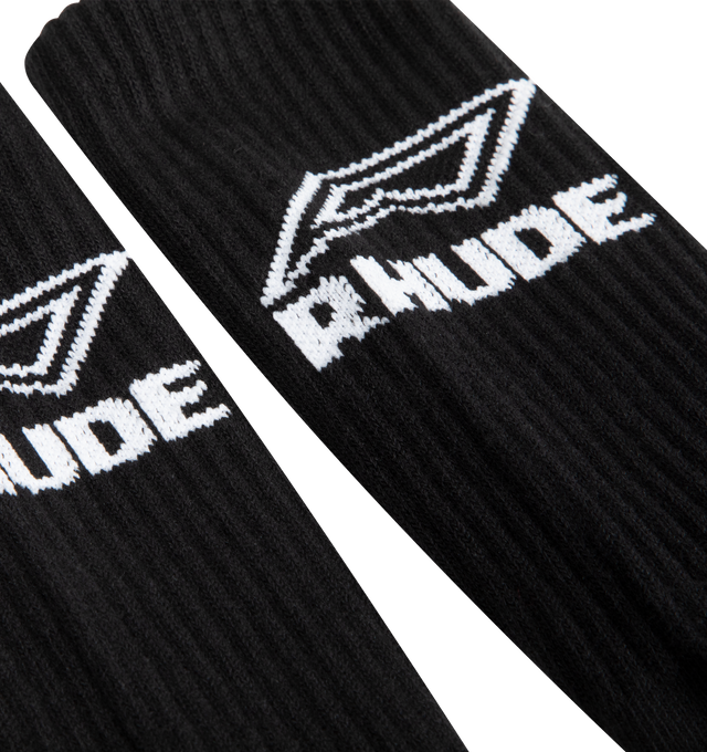 Image 3 of 3 - BLACK - RHUDE Footy Logo Sock featuring Rhude logo and ribbed knit. 80% cotton, 12% polyester, 8% spandex.