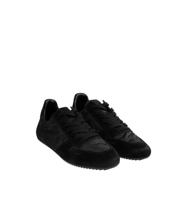 Image 2 of 5 - BLACK - RICK OWENS Minimal Low-Top Sneakers featuring a tonal, low-top silhouette with suede detailing, a round toe, lace-up style, textile upper, leather lining and rubber sole. Made in Italy.