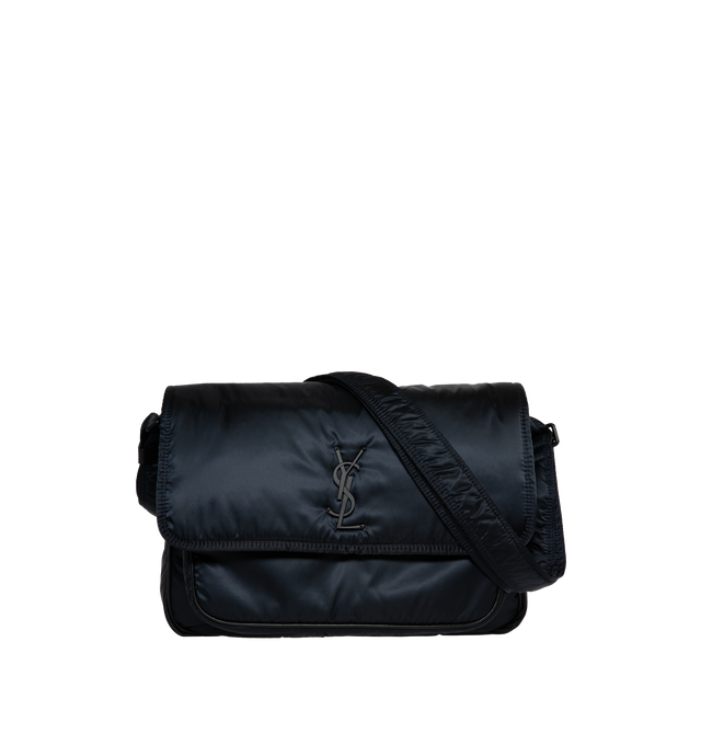 Image 1 of 3 - NAVY - SAINT LAURENT Niki Messenger in ECONYL featuring an adjustable shoulder strap, two compartments, patch back pocket, magnetic snap closure and matte black hardware. 12.8 X 9.1 X 3.9 inches. Strap drop: 1327.6 inches. 95% polyamide, 5% metal. 