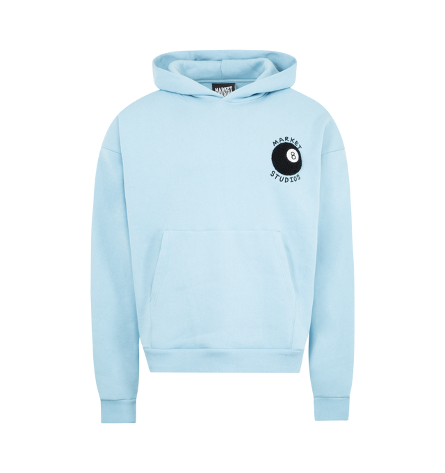 Image 1 of 2 - BLUE - MARKET 8 Ball Graphic Hoodie featuring pullover hooded sweatshirt, front & back graphics, front pouch pocket, ribbing trims and regular fit. 100% cotton.