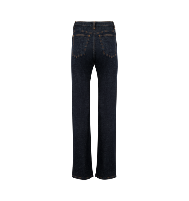 Image 2 of 3 - BLUE - KHAITE Danielle Jean featuring a high-rise style that flatters with a stovepipe silhouette, marigold topstitching and enameled button. Hand finished. 98% cotton, 2% polyurethane.