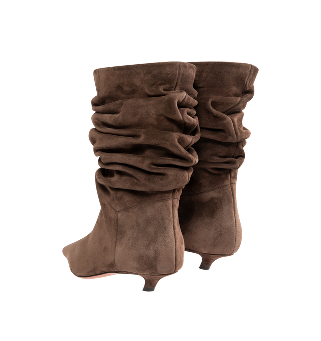 Image 3 of 4 - BROWN - AMINA MUADDI Jamie Bootie 25 featuring 25mm slanted heel, slouched bootie and pointed toe. 100% suede calfskin. Lining: 92% calfskin, 8% kid lining. Sole: 90% calfskin, 10% TPU. Made in Italy.