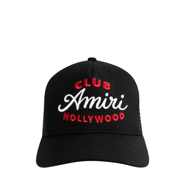 Image 1 of 3 - BLACK - AMIRI Club Amiri Trucker Cap featuring cotton canvas and mesh, embroidered eyelets at crown, logo and text embroidered at face, curved brim, logo patch at back face, snapback fastening and twill lining. 100% cotton. 100% polyester. Made in United States.