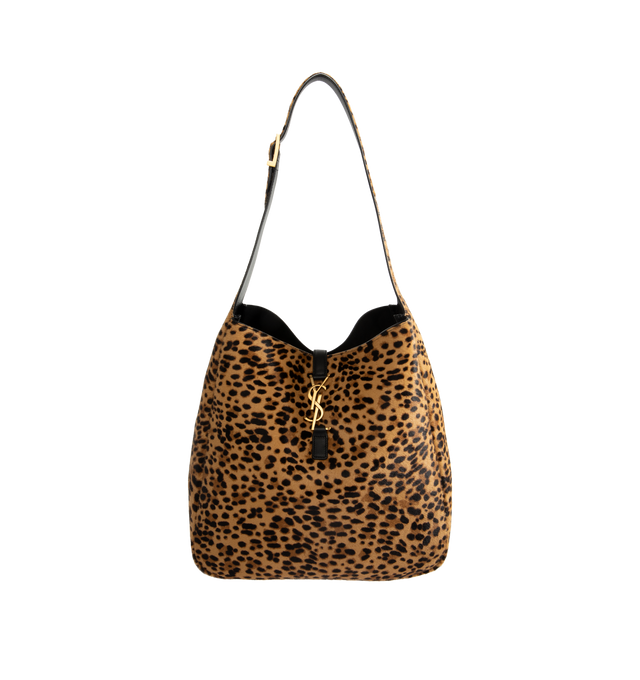 Image 1 of 3 - BROWN - SAINT LAURENT Le 5 7 Large Bag in leopard-print pony hair and nappa leather featuring features two main compartments, an inner zip pocket, leather tab closure, adjustable strap, suede lining, bronze-toned hardware and open top with hook closure. 11.8 x 12.2 x 5.1 inches. Calfskin leather, brass. Made in Italy.