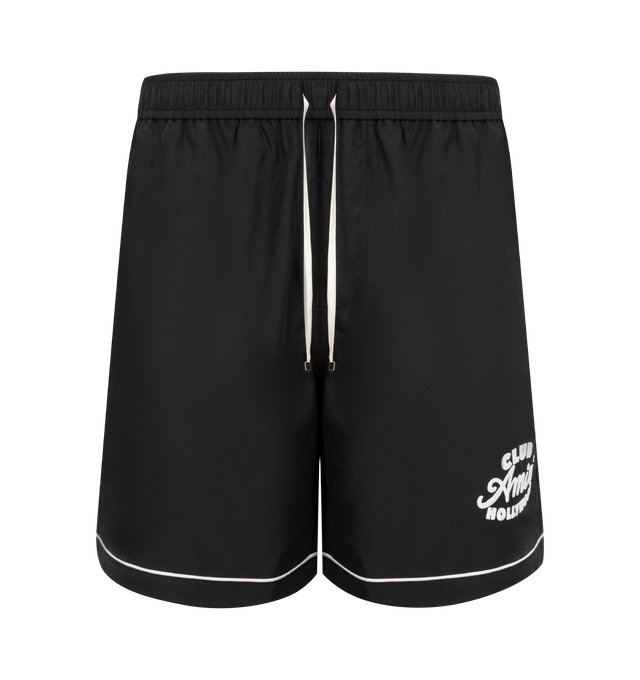 Image 1 of 3 - BLACK - AMIRI Club Amiri Shorts featuring elastic waist with drawstring, logo on leg, side pockets and piping detail at hem. Made in Italy.