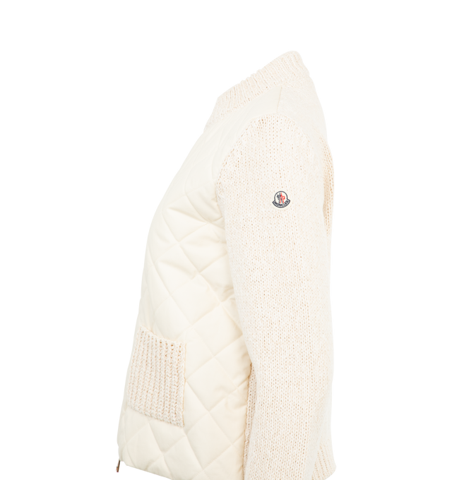 Image 3 of 3 - WHITE - MONCLER Padded Cotton Zip-Up Cardigan featuring cotton blend lining, padded cotton poplin front, fully-fashioned stockinette stitch, gauge 3, knit patch pockets, zipper closure. 100% cotton. 75% cotton, 25% polyamide/nylon. Padding: 100% polyester. Made in Moldova.