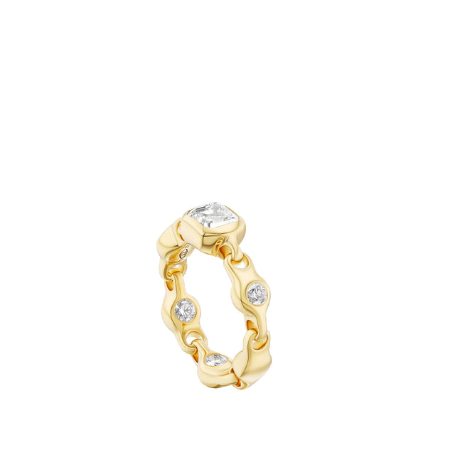 Image 2 of 2 - GOLD - Uniform Object Supernova Stacking Ring featuring 7.5 g of 18K yellow gold with a 1.50 ct 6 mm Asscher-cut diamond and 0.66 TCW round diamond accents. Size: 7. Handcrafted in New York City. Hirshleifers offers a range of pieces from this collection in-store. For personal consultation and detailed information about jewelry, please contact our dedicated stylist team at personalshopping@hirshleifers.com.