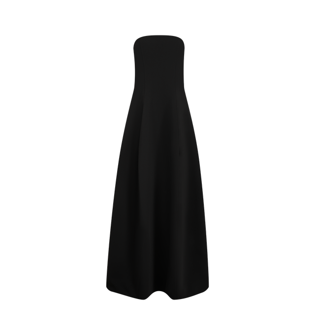 Image 1 of 2 - BLACK - Toteme Women's Strapless Balloon Dress is crafted from bonded crepe with a supportive internal corset for a clean, held shape. Fitted through the bodice and waist before opening into a full-length balloon silhouette, it is finished with side pockets. Materials: 100% recycled GRS polyester.