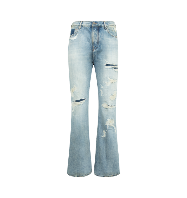 Image 1 of 3 - BLUE - AMIRI Bootcut Jeans featuring heavy distressing, regular fit, five-pocket style, bootcut legs, button and zip fly and belt loops. Cotton. Made in Italy.