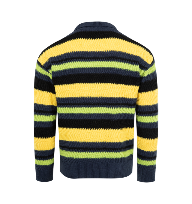 Image 2 of 2 - YELLOW - PLEASURES Cooper Striped Polo Sweater featuring polo collar, three-button placket, long sleeves, logo at left chest and allover striped pattern. 100% polyester.