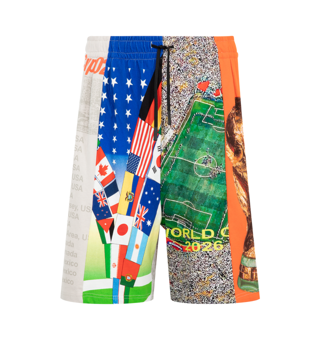 Image 1 of 4 - MULTI - Pleasures Mens World Cup Wide Shorts are crafted from heavyweight cotton jersey. Features a wide-leg silhouette, pin-tucked pleats, elastic waistband, and all-over graphic print. Main Material: Cotton. Made in China.