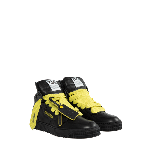 Image 2 of 5 - BLACK - OFF-WHITE 3.0 OFF COURT CALF LEATHER are high top "Off-Court" 3.0 sneakers in black with Off-White logo on one side. Yellow and black labels detailing. Black rubber sole. Yellow lace-up closure. Outer: 30% Cotton Outer: 55% Leather Outer: 10% Polyamide Outer: 4% Polyester Sole: 100% Rubber Outer: 1% Elastane. 