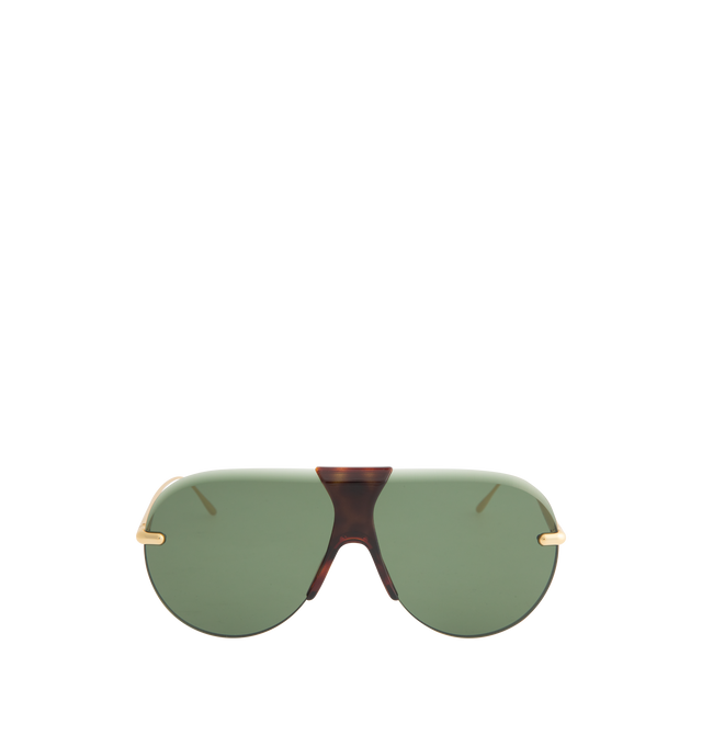 Image 1 of 3 - BROWN - LOEWE Slim Sunglasses featuring shield curved mask, metal stiches inspired by sewing stitches and Loewe logo lasered on the temples. UVA/UVB protection. Made in Italy.