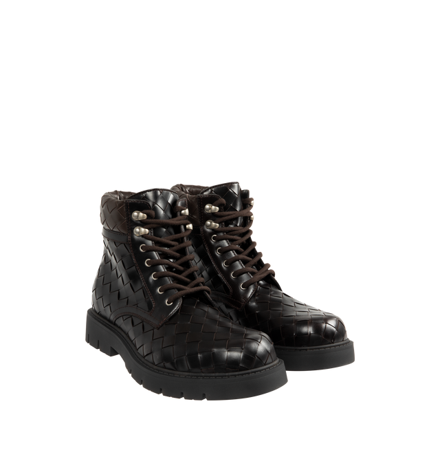 Image 2 of 4 - BLACK - BOTTEGA VENETA Haddock Lace-Up Ankle Boot featuring smooth leather with all-over Intrecciato craftsmanship and rubber outsole. Calfskin, lambskin. Made in Italy.