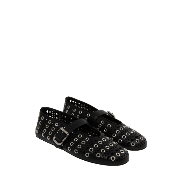 Image 1 of 4 - BLACK - ALAA Signature ballet flats inspired by classical Japonese shoes featuring buckle strap on top, round toes, and leather perforated with the iconic "Vienne" motif and enhanced by metallic eyelets. Lambskin upper and lining, rubber sole. Made in Italy.