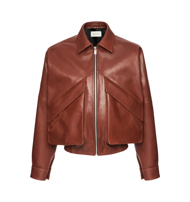 Image 1 of 2 - BROWN - MAGDA BUTRYM Vintage Leather Jacket featuring exaggerated slanted flap pockets, cinched at the hem with an elastic band for a tailored fit, full zip closure, structured collar, and snap-button cuffs. 100% sheep leather. Lining: 100% viscose.