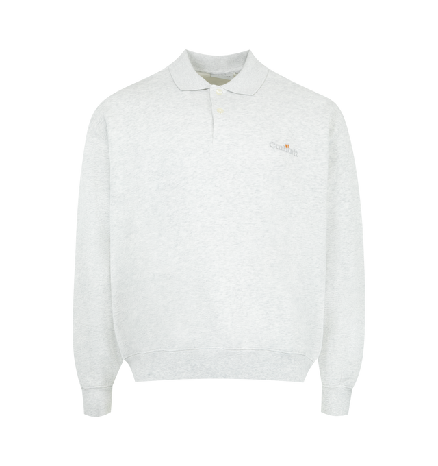 Image 1 of 2 - GREY - CARHARTT WIP Label Polo Sweatshirt featuring heavyweight cotton jersey with a brushed, fleece-like backing, flatlock stitching, a balloon fit, dropped shoulders, ribbed trims, graphic embroidery on the chest and polo collar. 100% cotton.