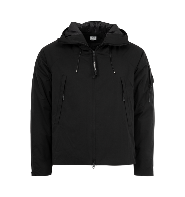 Image 1 of 3 - BLACK - C.P. COMPANY Pro-Tek Hooded Padded Jacket featuring a Polyester mechanical stretch, iconic Lens, a two-way full zip fastening, side zip pockets, padded with Primaloft Silver wadding, anti-drop treated, regular fit, adjustable hood and adjustable snap cuffs. 100% polyester.